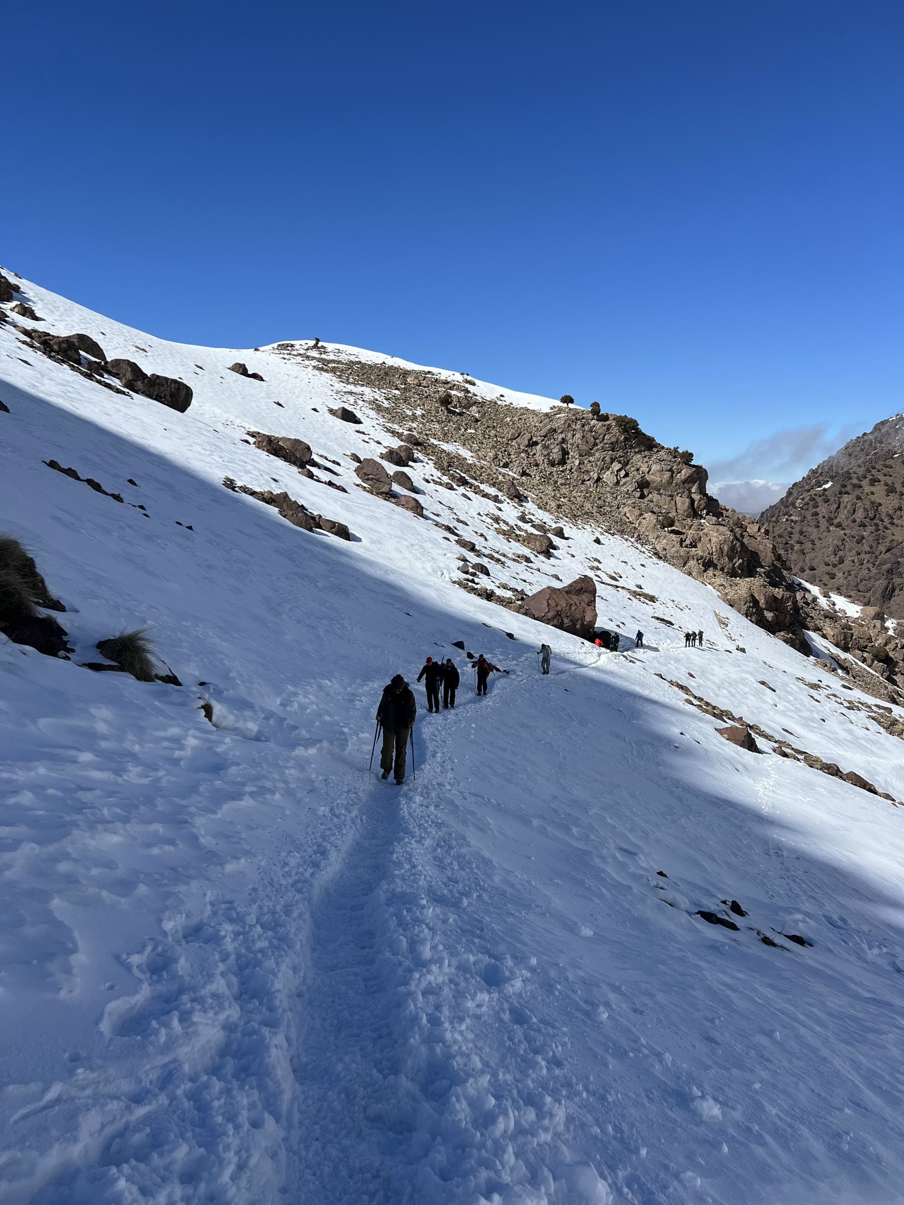 Walkers strung out along a boot-packed track up a wide snow slope under a hard blue sky